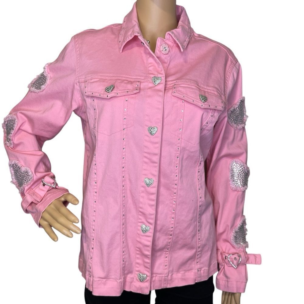 Quacker Factory Denim Button Down Jacket Distressed Rhinestone Hearts Pink S - Picture 2 of 15